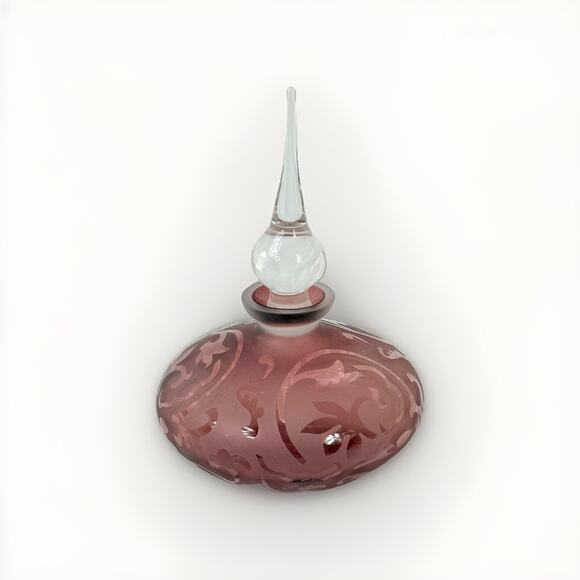 Art Glass Purple Lavender Frosted Etched Perfume Bottle Glass w/ Stopper - Picture 2 of 6